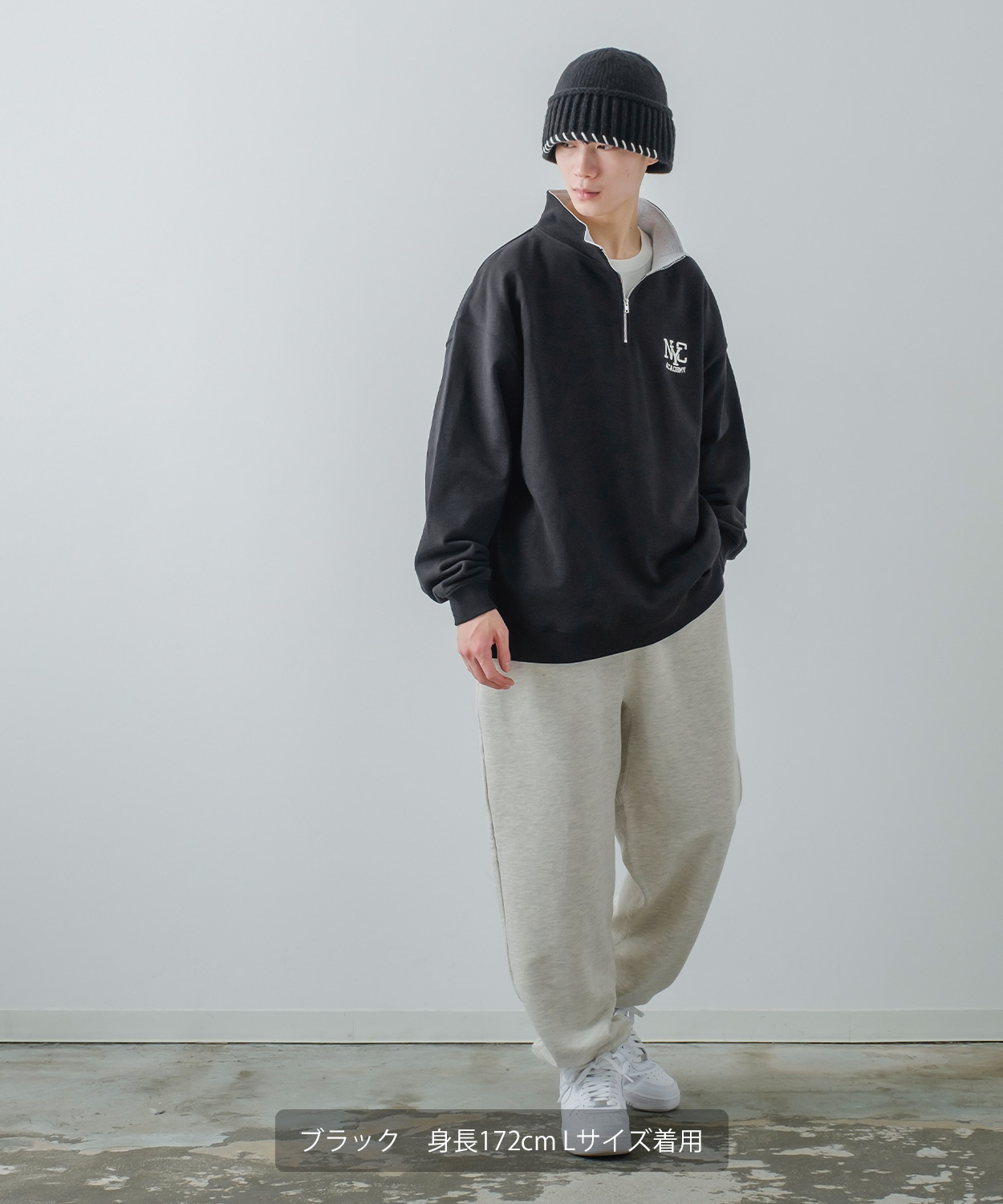 裏毛ハーフジップワッペンスウェット