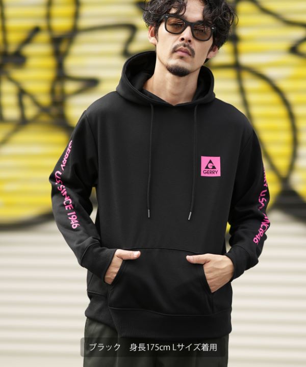 GERRY】別注ネオン転写MTスクエアロゴ裏起毛プルパーカー