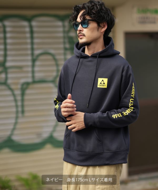 GERRY】別注ネオン転写MTスクエアロゴ裏起毛プルパーカー