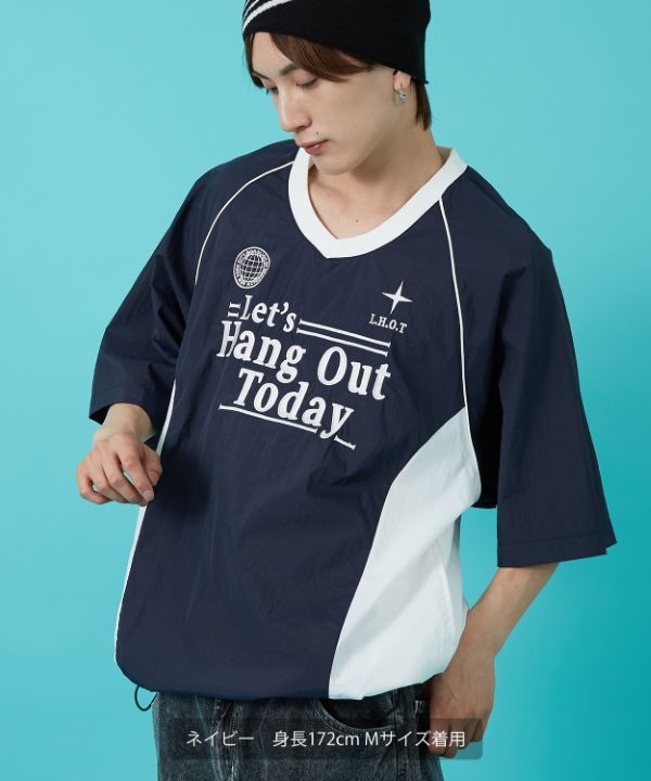 ナイロンVネック半袖切替プルオーバー