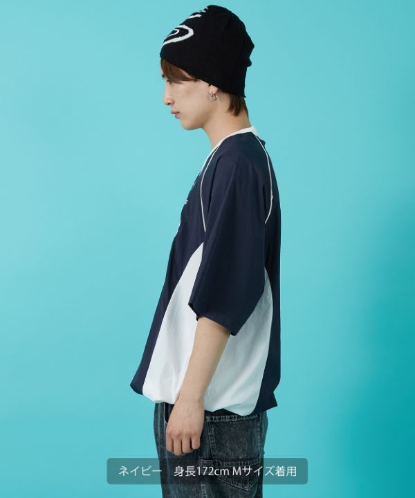 ナイロンVネック半袖切替プルオーバー