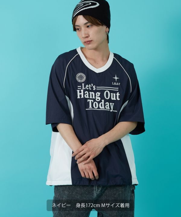 ナイロンVネック半袖切替プルオーバー