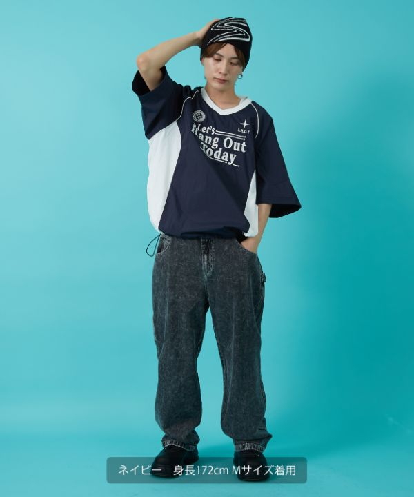 ナイロンVネック半袖切替プルオーバー