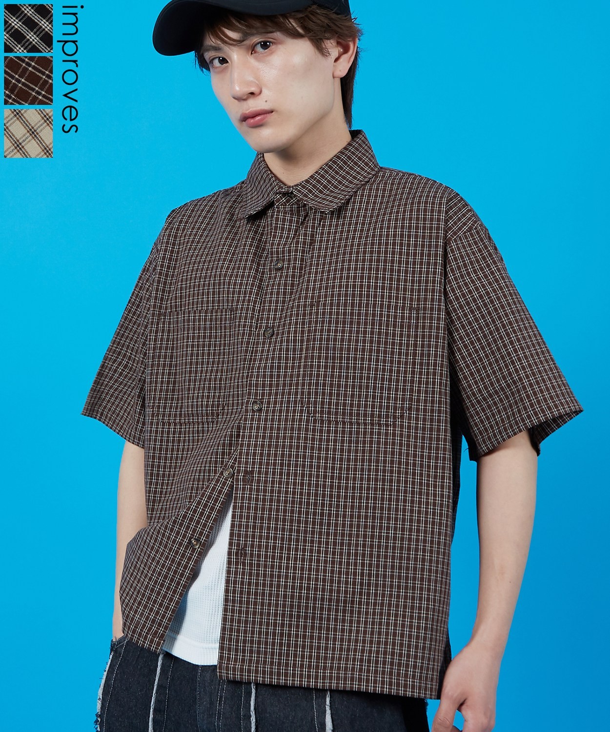 半袖小格子チェック ショートレングスシャツ