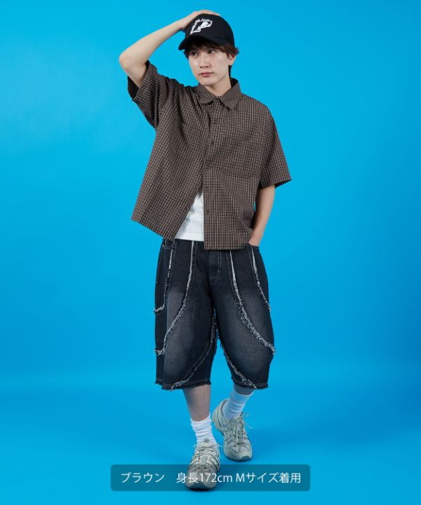 半袖小格子チェック ショートレングスシャツ