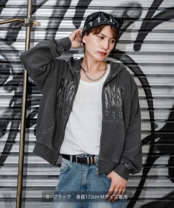 刺しゅうロゴヴィンテージ加工ショート丈裏毛スウェットジップパーカー