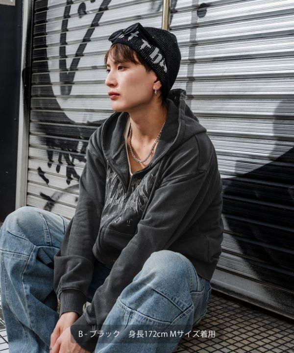 刺しゅうロゴヴィンテージ加工ショート丈裏毛スウェットジップパーカー