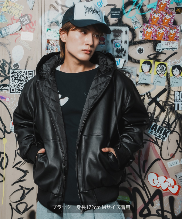 PU中綿キルティングジップパーカーブルゾン