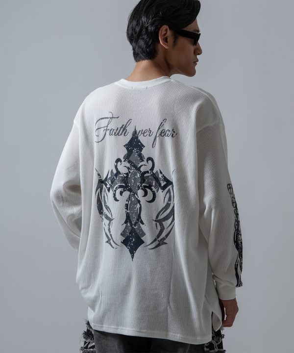 クロス×スカル プリント ワッフル ロンT