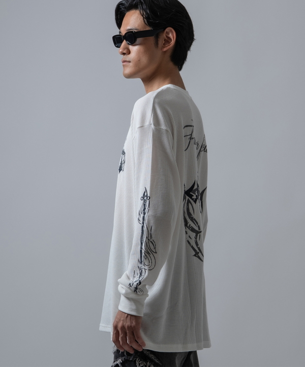 クロス×スカル プリント ワッフル ロンT