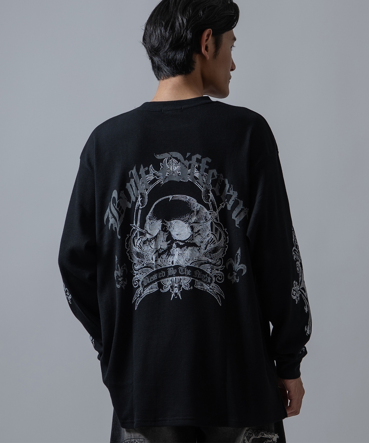 クロス×スカル プリント ワッフル ロンT