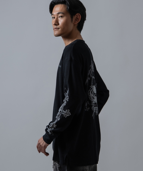 クロス×スカル プリント ワッフル ロンT