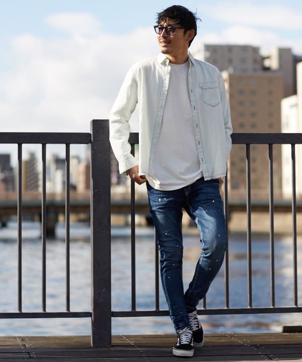 メンズ デニムシャツ フリンジ カジュアル 長袖 長袖裾フリンジデニムシャツ