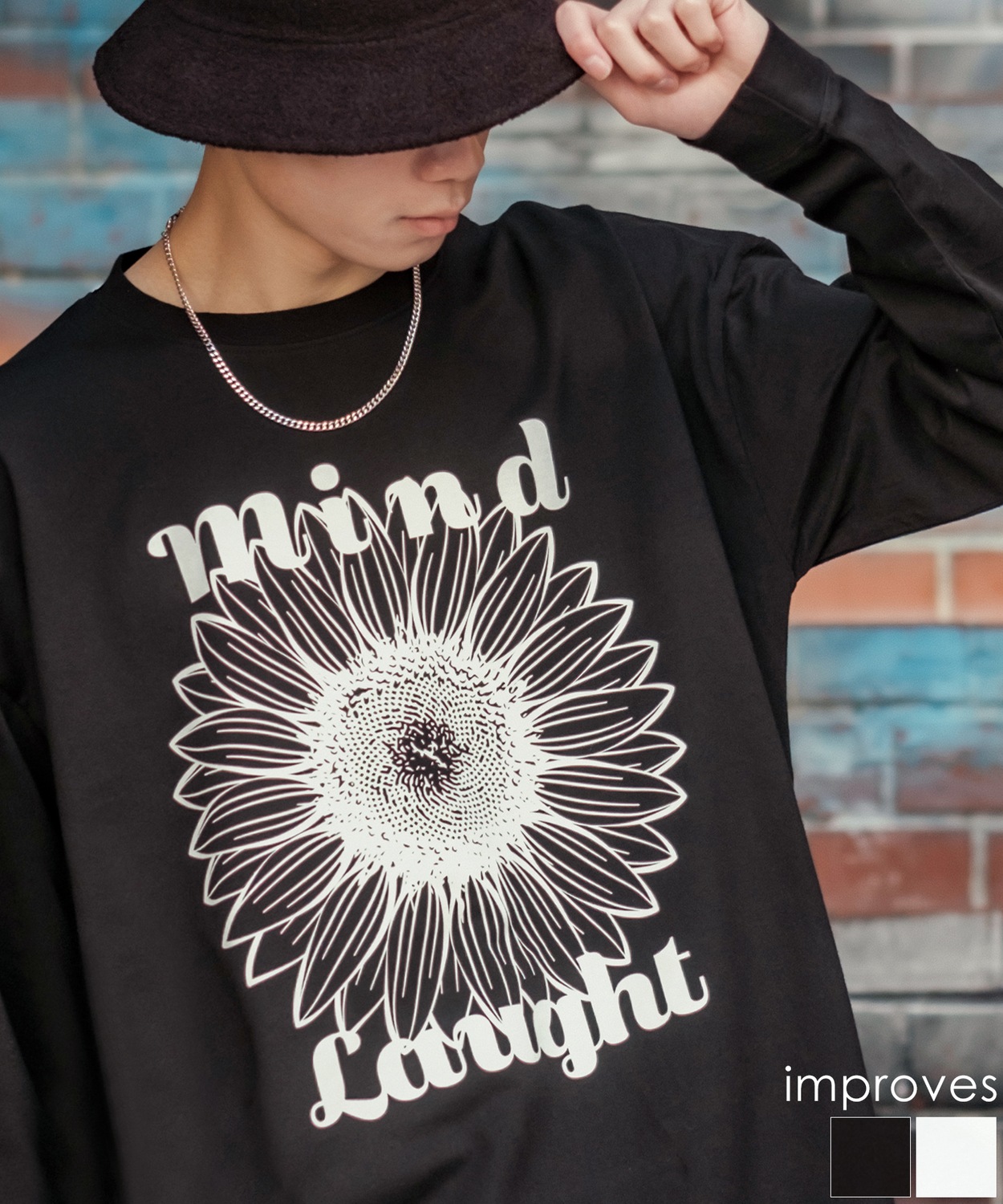 UAU ワオ Mind Laught フラワー ロゴ プリント 長袖Tシャツ