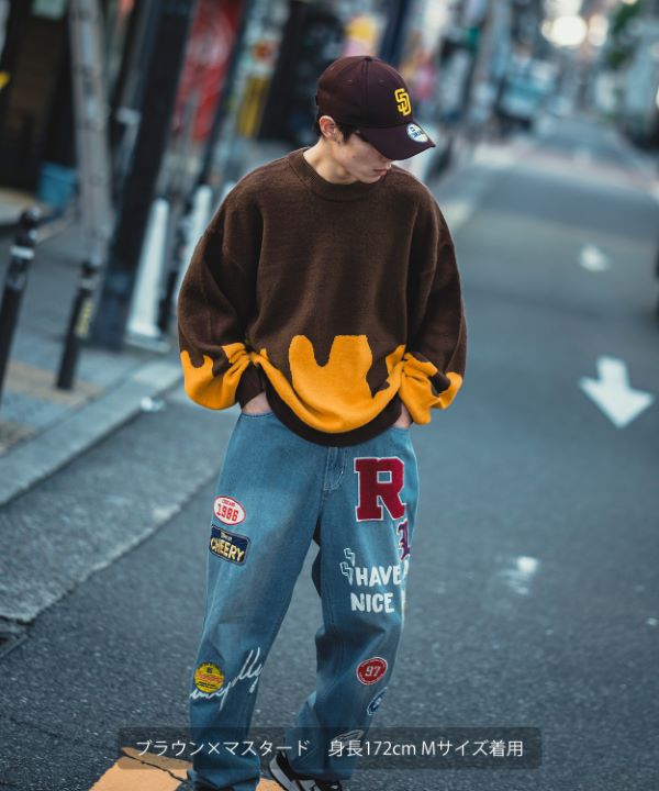 SIDEWAYSTANCE】ドリップ柄クルーニット