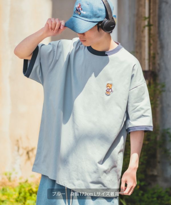 SIDEWAYSTANCE】クマワンポイント刺繍半袖リンガーTシャツ