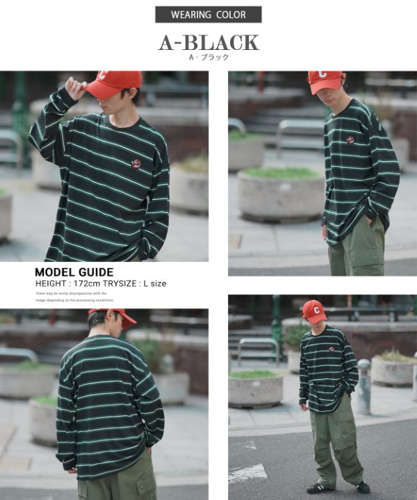 SIDEWAYSTANCE】マルチボーダーワンポイント刺繍長袖Tシャツ