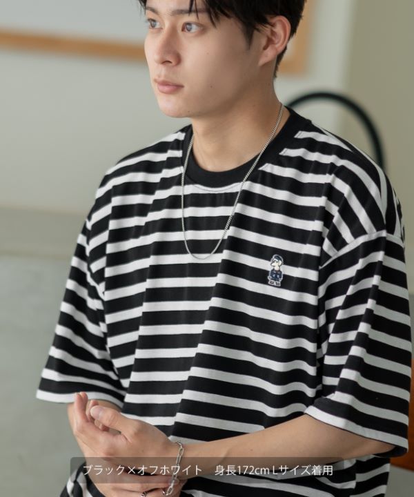 即*N様 WERTHY WE107-HWN-M M ホワイト・ネイビー ボーダー SIDEWAYSTANCE】刺繍ダウナードッグボーダー半袖Tシャツ