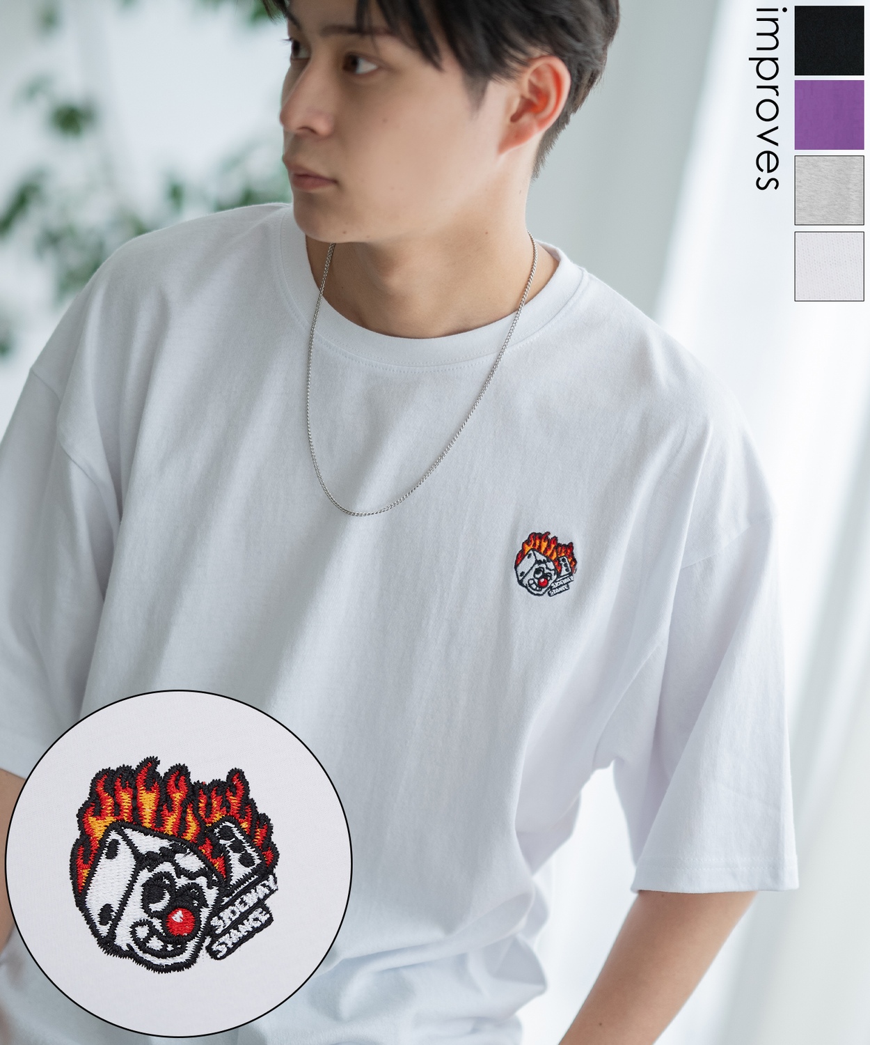 SIDEWAYSTANCE】刺繍ファイヤーダイス半袖Tシャツ