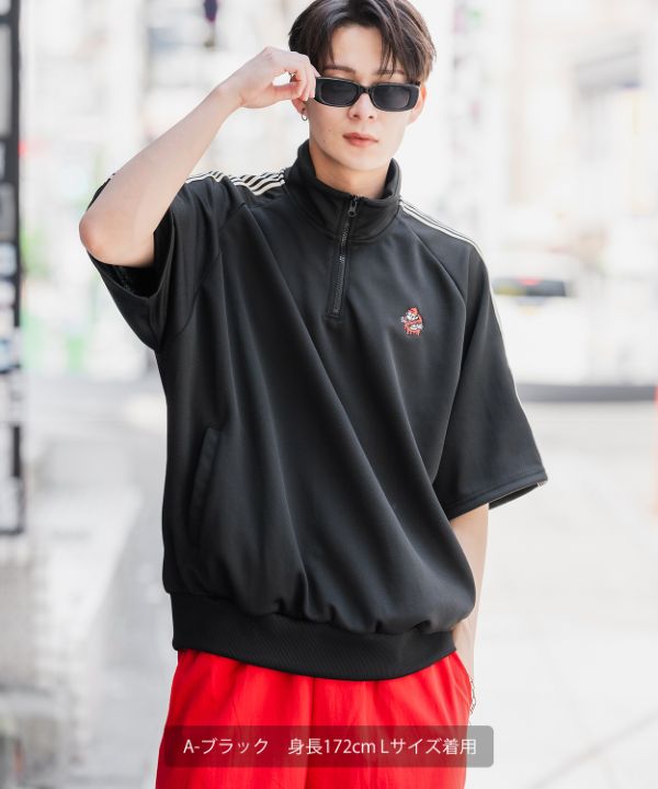 SIDEWAYSTANCE】刺繍ワンポイントラインジャージ半袖ハーフジップ