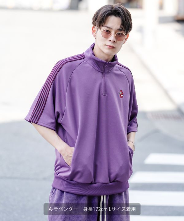 SIDEWAYSTANCE】刺繍ワンポイントラインジャージ半袖ハーフジップ