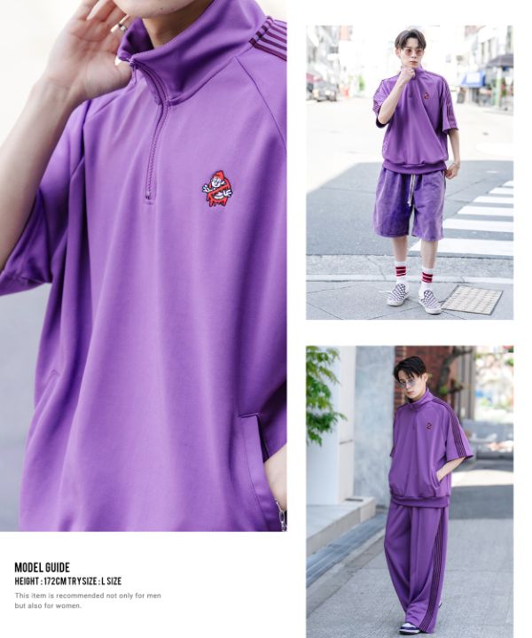 SIDEWAYSTANCE】刺繍ワンポイントラインジャージ半袖ハーフジップ