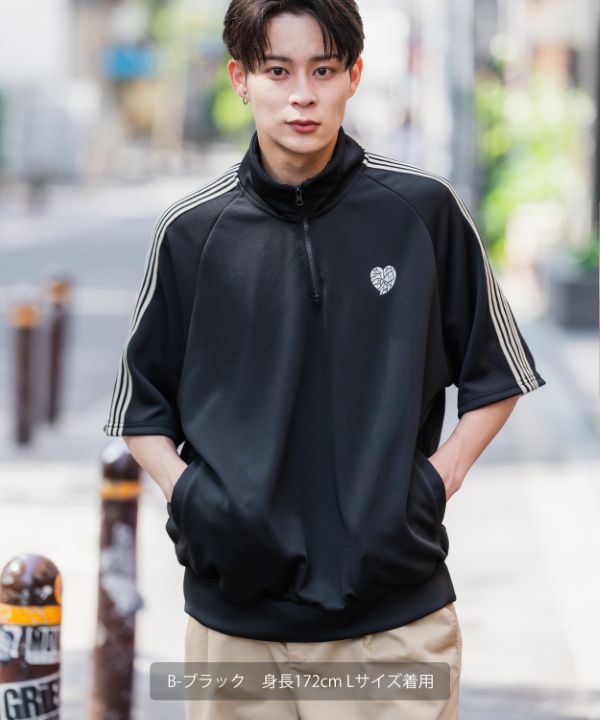 SIDEWAYSTANCE】刺繍ワンポイントラインジャージ半袖ハーフジップ