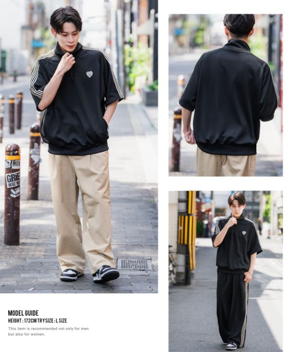 SIDEWAYSTANCE】刺繍ワンポイントラインジャージ半袖ハーフジップ