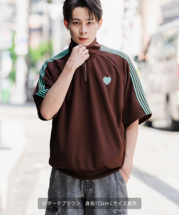 SIDEWAYSTANCE】刺繍ワンポイントラインジャージ半袖ハーフジップ