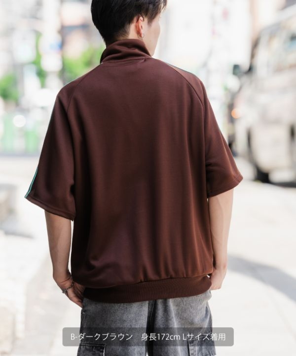 SIDEWAYSTANCE】刺繍ワンポイントラインジャージ半袖ハーフジップ