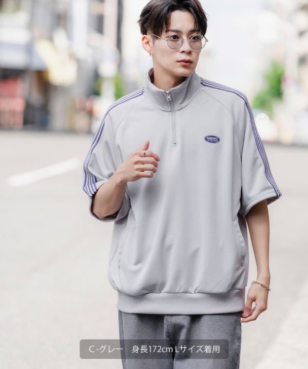 SIDEWAYSTANCE】刺繍ワンポイントラインジャージ半袖ハーフジップ