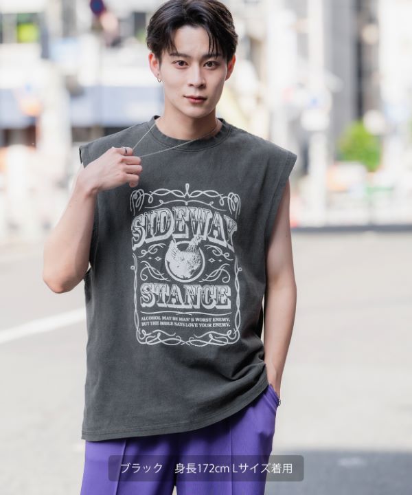 SIDEWAYSTANCE】ラベルピグメントノースリーブTシャツ