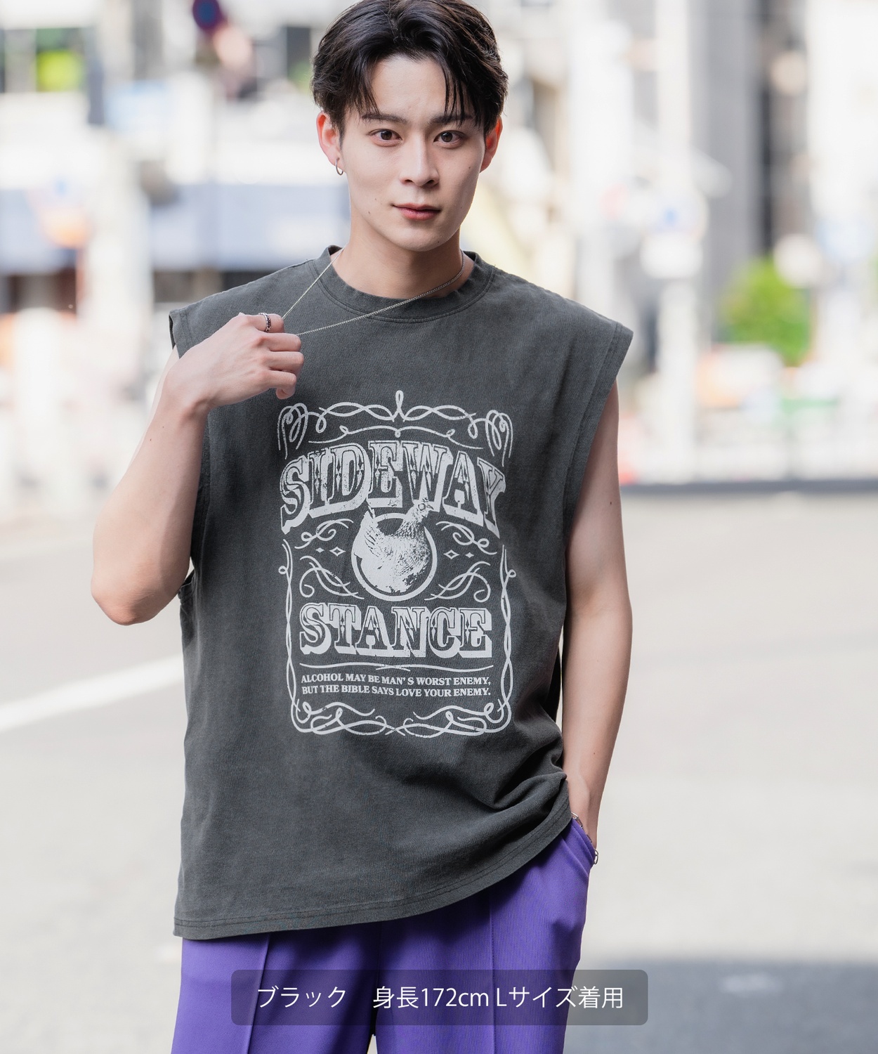 ☆ru☆ドリスヴァン　デザインノースリーブ SIDEWAYSTANCE】ラベルピグメントノースリーブTシャツ