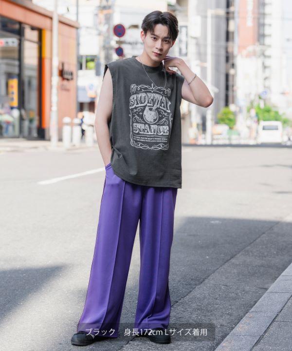 SIDEWAYSTANCE】ラベルピグメントノースリーブTシャツ