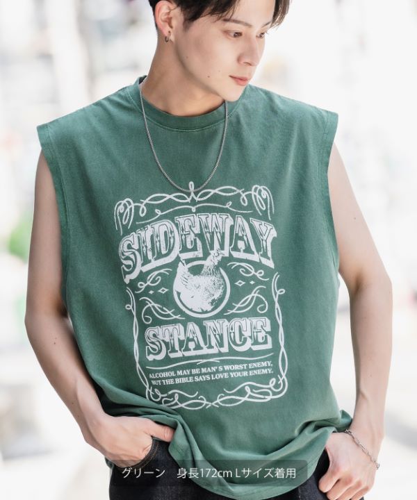 ☆ru☆ドリスヴァン　デザインノースリーブ SIDEWAYSTANCE】ラベルピグメントノースリーブTシャツ