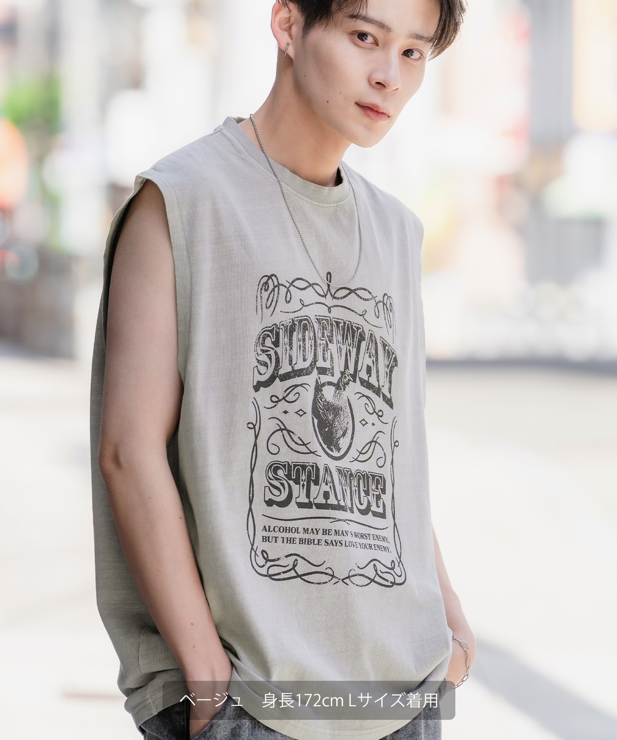 SIDEWAYSTANCE】ラベルピグメントノースリーブTシャツ