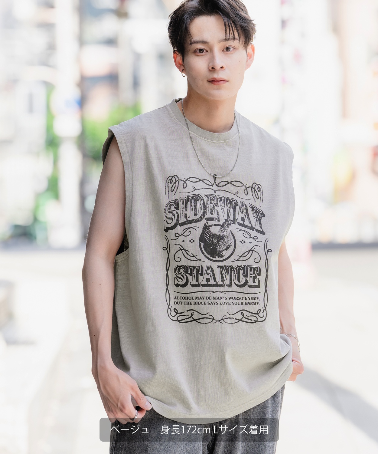 SIDEWAYSTANCE】ラベルピグメントノースリーブTシャツ