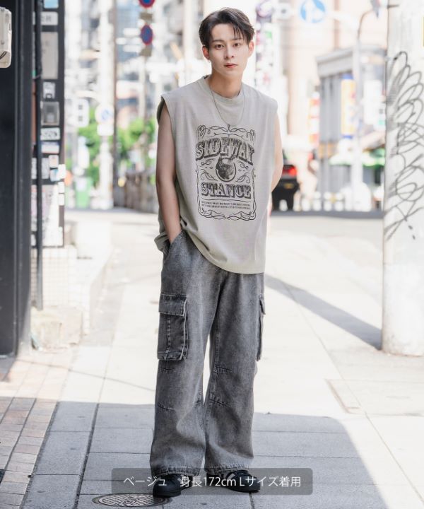 SIDEWAYSTANCE】ラベルピグメントノースリーブTシャツ