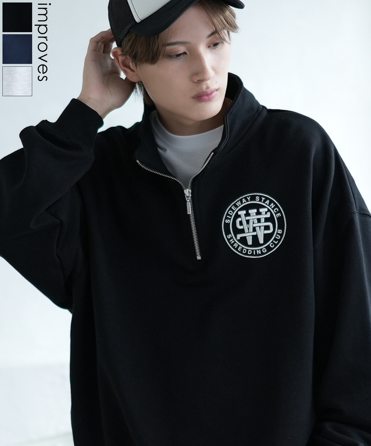 SIDEWAYSTANCE】厚盛刺しゅうサークルロゴ裏毛ハーフジップトレーナー