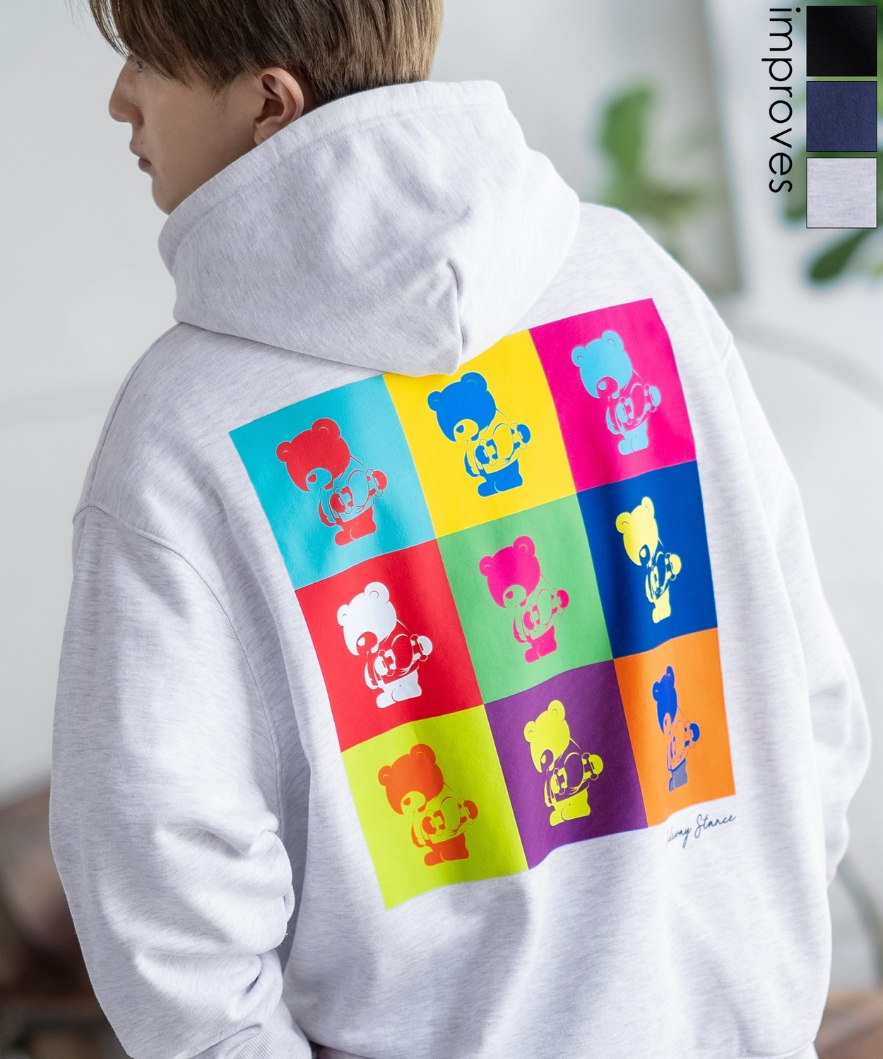 SIDEWAYSTANCE】カラフルスケボーダウナーベア裏毛プルパーカー