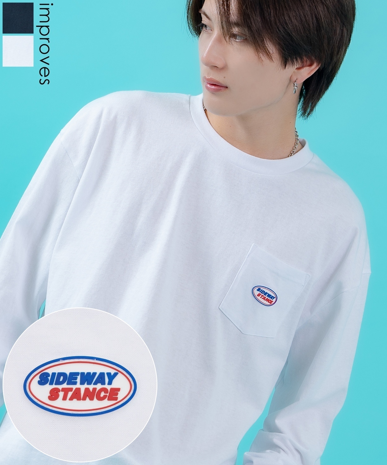 SIDEWAYSTANCE】オーバルロゴラバーワッペン長袖ポケットTシャツ