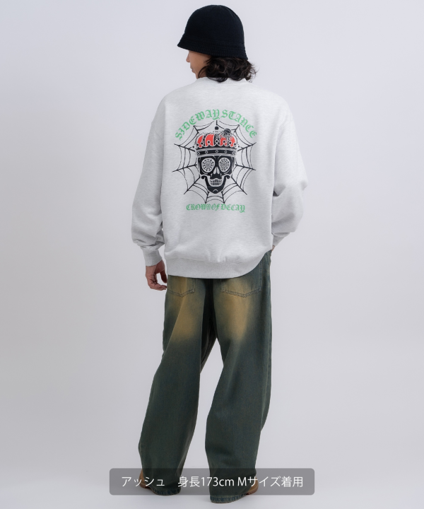 SIDEWAYSTANCE】スパイダーウェブスカル裏毛トレーナー