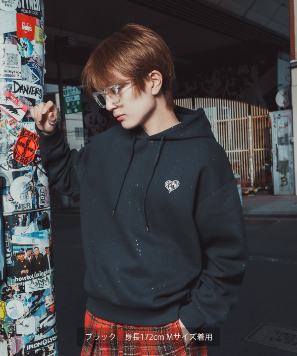 SIDEWAYSTANCE】ロゴハート刺しゅうラメ裏起毛プルパーカー